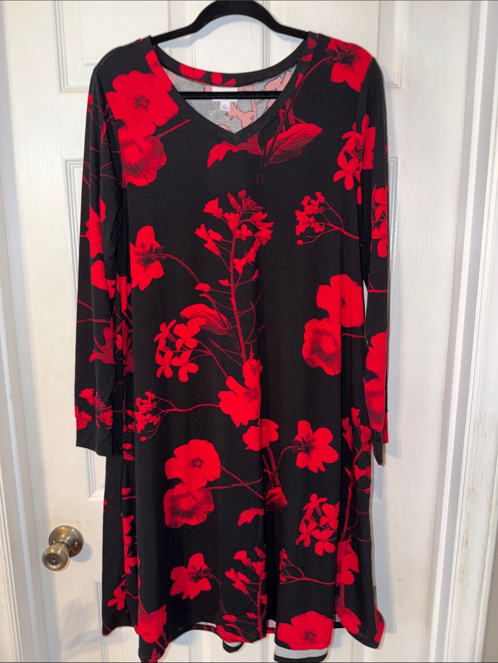 LuLaRoe Emily dress, Black background, red floral pattern, Large, NEW